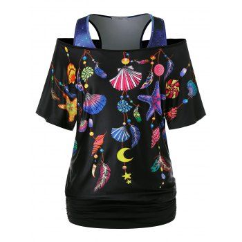 

Plus Size Aeolian Bells Off The Shoulder T Shirt and Galaxy Print Tank Top Set, Black