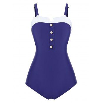 

Plus Size Mock Button V Cut Backless Swimwear, Cobalt blue