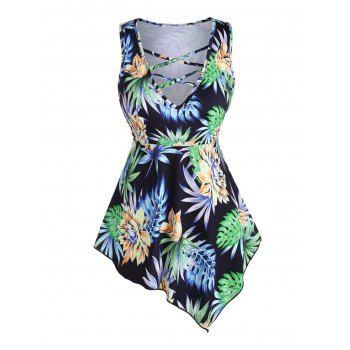 

Plus Size Floral Leaf Print Asymmetric Tank Top, Black