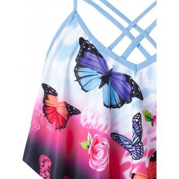 

Plus Size Crisscross Floral Butterfly Print Tankini Swimsuit, Day sky blue