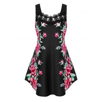 

Plus Size Floral Print Lace Trim Swing Tank Top, Black