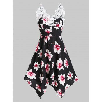 

Flower Print Lace Insert Handkerchief Dress, Black