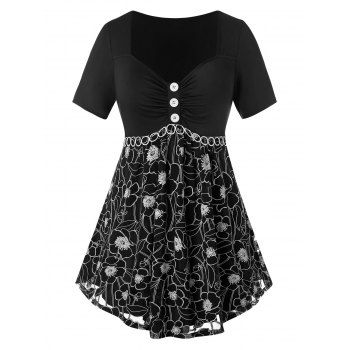 

Plus Size Floral Mock Button Curved Hem T-shirt, Black