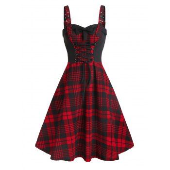 

Lace Up Buckle Plaid Dress, Red wine