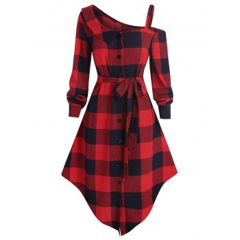 

Asymmetric Skew Neck Plaid Dress, Lava red