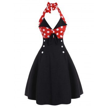 Image of Polka Dot Halter Button Embellished Backless Dress