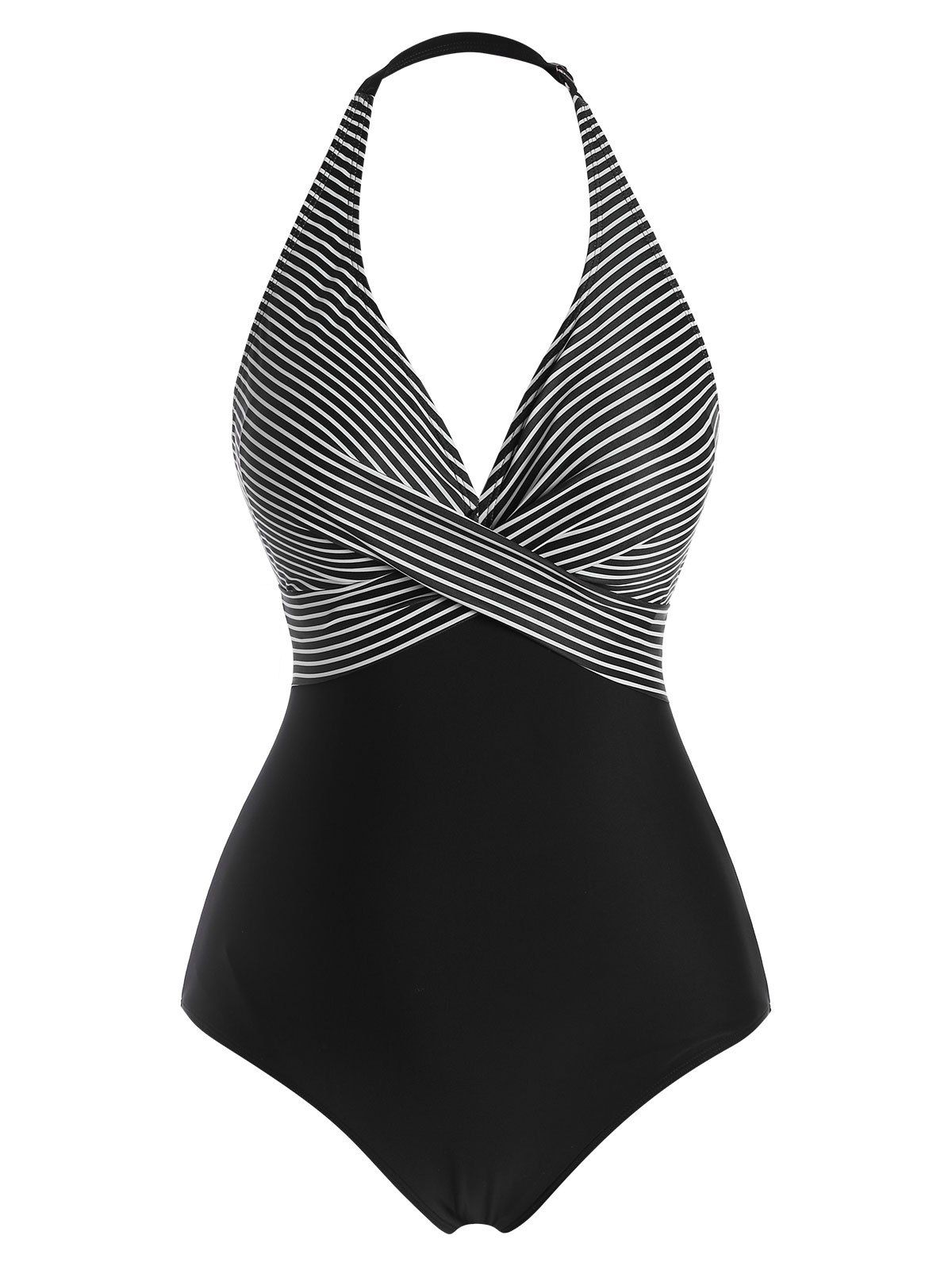 Halter Striped Twist-front Plus Size One-piece Swimsuit - BLACK 3X