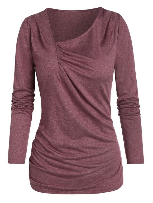 Ruched Front Long Sleeve Marled T-shirt - FIREBRICK M