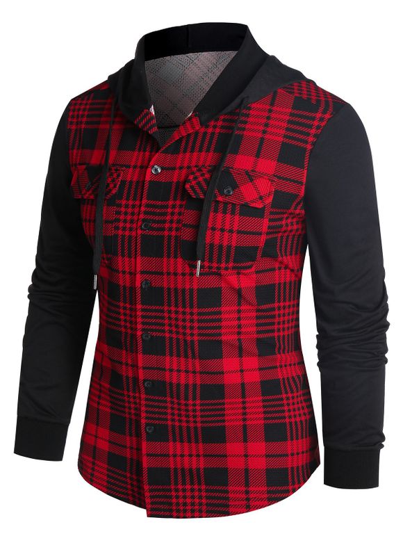 Chemise à Capuche Boutonnée à Carreaux Imprimé avec Double Poches - Rouge L