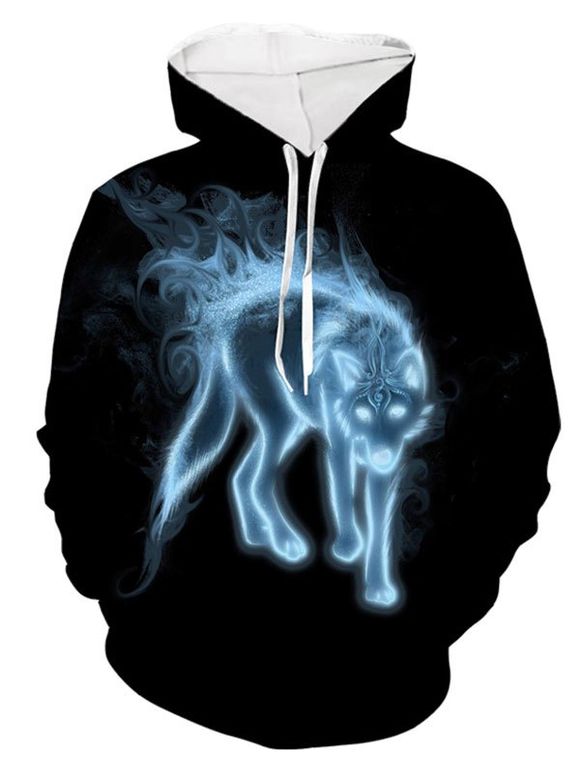 Sweat à Capuche Ethnique Motif de Loup avec Poche - Noir M