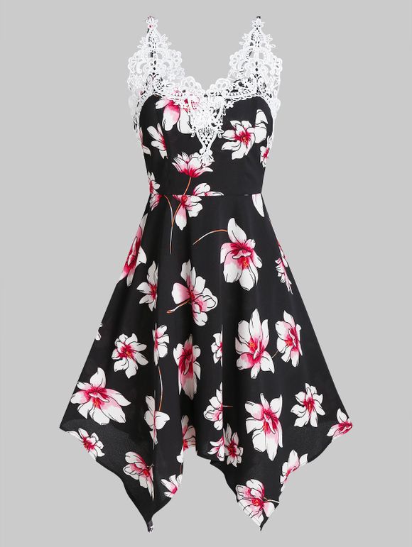 Flower Print Lace Insert Handkerchief Dress - BLACK M