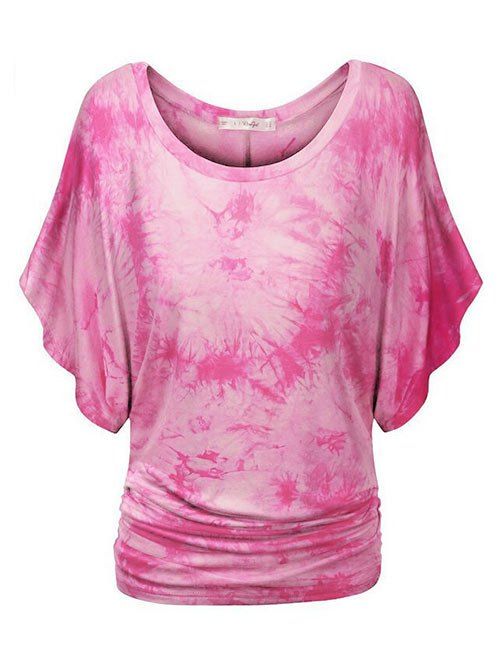 T-shirt Teinté à Manches Chauves-Souris Grande Taille à Volants - Rose Néon 4X