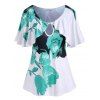 T-shirt Fleuri Imprimé de Grande Taille à Manches Bouffantes avec Trou de Serrure - Vert Clair de Mer 2X