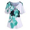 T-shirt Fleuri Imprimé de Grande Taille à Manches Bouffantes avec Trou de Serrure - Vert Clair de Mer 4X