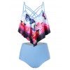 Maillot de Bain Tankini Croisé Papillon Fleuri Imprimé de Grande Taille - Bleu de Ciel L