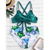 Maillot de Bain Bikini Croisé Feuille Imprimée de Grande Taille à Lacets - Bleu Verdâtre 3X