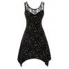 Velvet Sparkly Star Lace Insert Lace-up Handkerchief Tank Dress - BLACK M