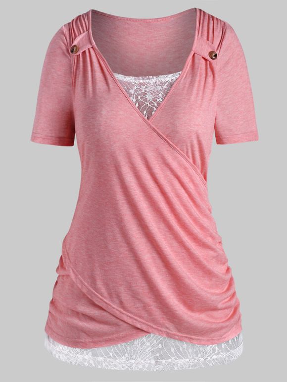 T-shirt Croisé en Dentelle Insérée de Grande Taille - Rose clair 4X