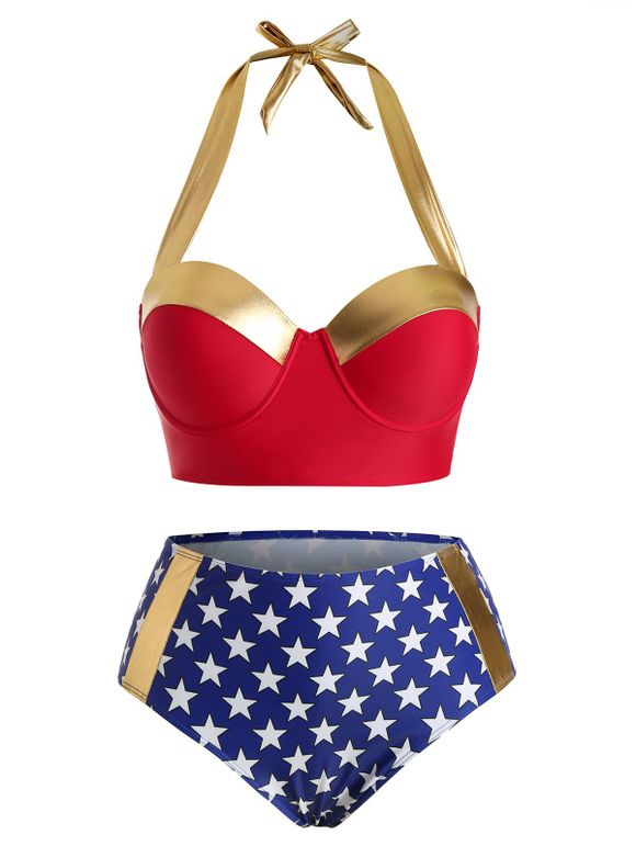 Maillot de Bain Bikini à Imprimé  Drapeau Américain de Grande Taille à Armature - Rouge 1X