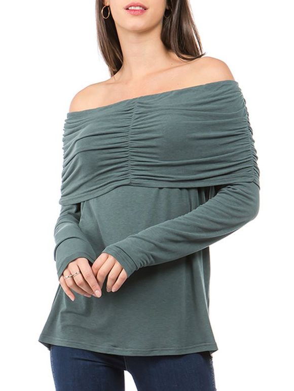 Off The Shoulder Fold Over Ruched T-shirt - GRAYISH TURQUOISE M