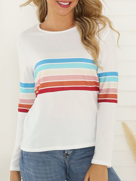 T-Shirt Rayure Colorée Imprimée à Manches Longues - Blanc S