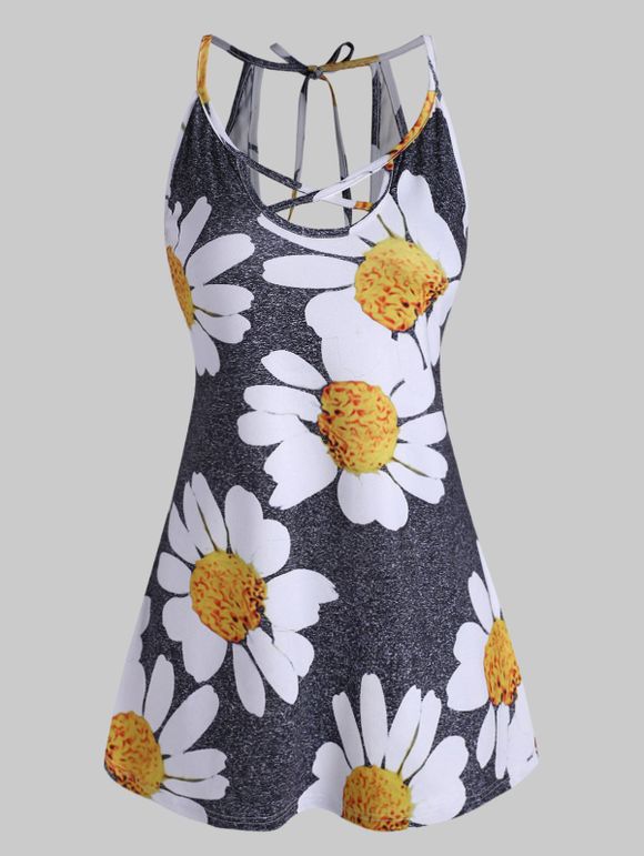 Débardeur Fleuri Imprimé Croisé Noué au Dos de Grande Taille - Gris Ardoise Foncé 5X