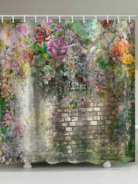 Rideau de Douche Imperméable Motif de Fleur et Brique de Mur - multicolor W118 X L79 INCH