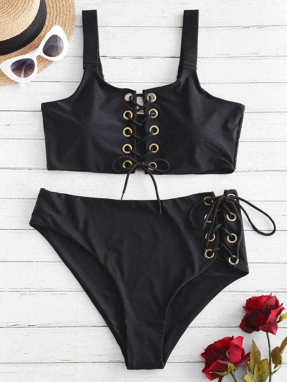 Maillot de Bain Bikini de Grande Taille à Lacets avec Œillets - Noir 4X