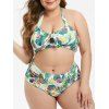 Maillot de Bain Bikini Feuille Fleuri Banane de Grande Taille à Volants à Col Halter - Bleu Oeuf de Robin L