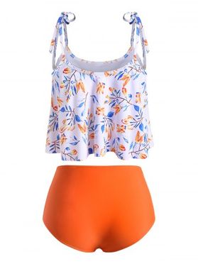 High Waisted Tie Shoulder Ruched Leaves Print Tankini Swimsuit