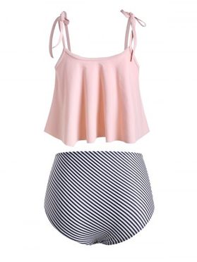 Striped Floral Print Overlay Tankini Set