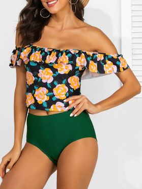 Floral Striped Ruffles Convertible Two Piece Swimsuit