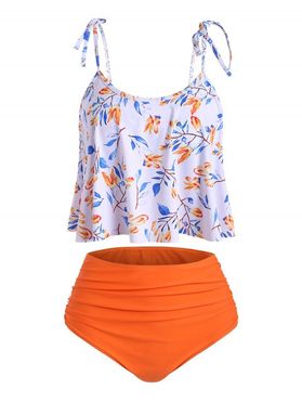 High Waisted Tie Shoulder Ruched Leaves Print Tankini Swimsuit
