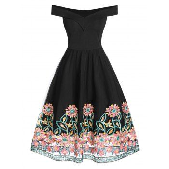

Flower Embroidered Off Shoulder Dress, Black