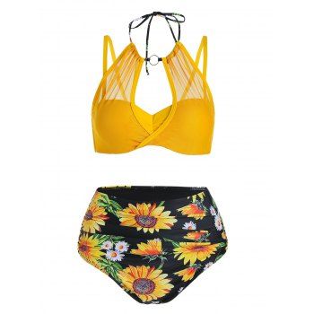 Sunflower Print Mesh Insert Bikini Swimwear