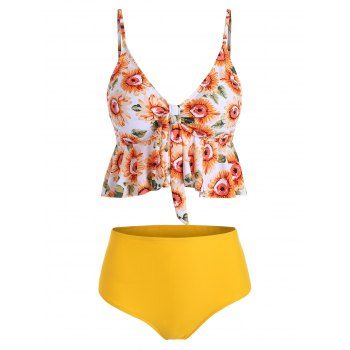 

Floral Leaves Print Knotted Tankini Set, Bright yellow