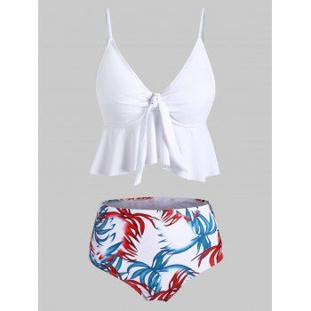 

Floral Leaves Print Knotted Tankini Set, White