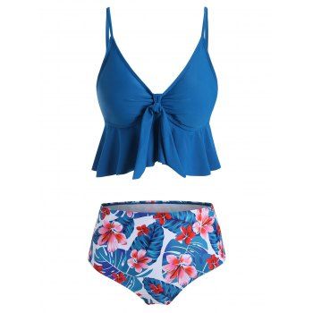 

Floral Leaves Print Knotted Tankini Set, Ocean blue