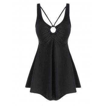 

Solid O Ring Strappy Plus Size Tankini Swimsuit, Black