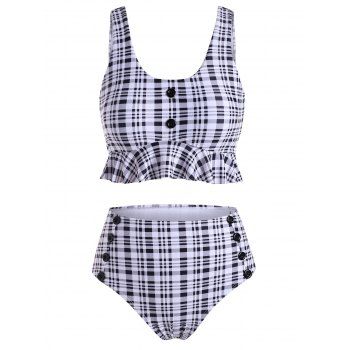 

Mock Buttons Plaid Ruffles Tankini Set, Black