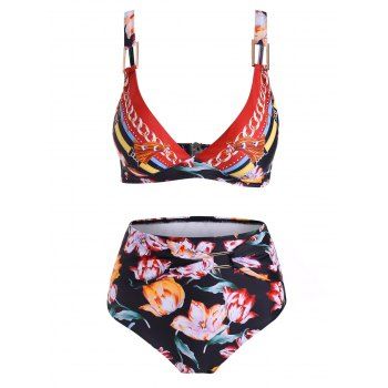 

Metal Ring Floral High Waisted Bikini Swimsuit, Multicolor
