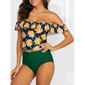 

Floral Striped Ruffles Convertible Two Piece Swimsuit, Deep green