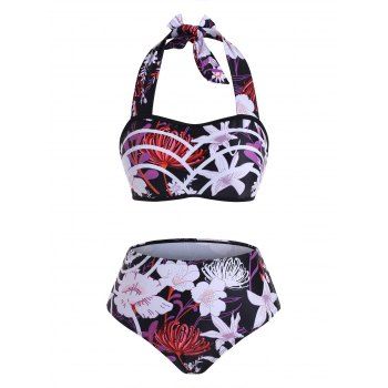 

Floral Print Halter Bikini Set, Black