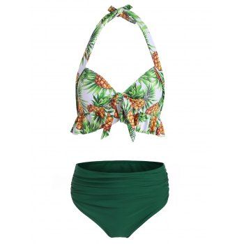 

Pineapple Ruffle Halter Tummy Control Bikini Swimwear, Pine green