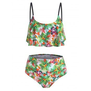 

Overlay Flounces Floral Leaves Tankini Swimsuit, Multicolor