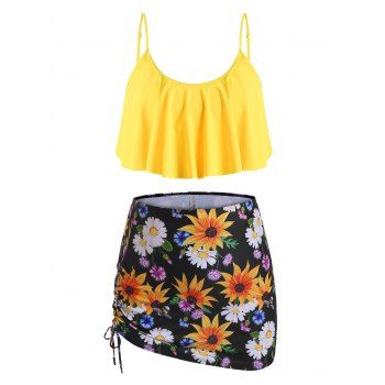 

Floral Overlay Flounces Cinched Side Three Piece Plus Size Tankini Swimsuit, Bright yellow