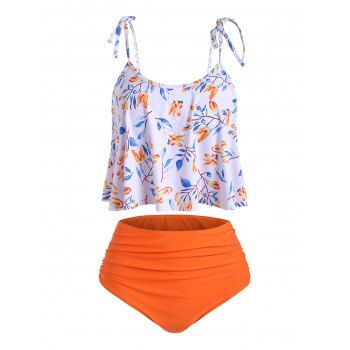 

High Waisted Tie Shoulder Ruched Leaves Print Tankini Swimsuit, Orange