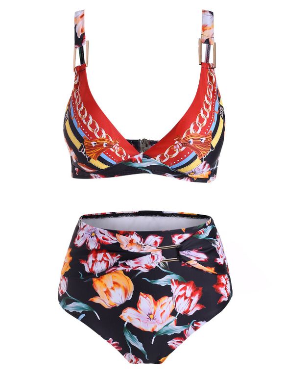 Maillot de Bain Bikini à Taille Haute avec Bague en Métal Motif Floral - multicolor S