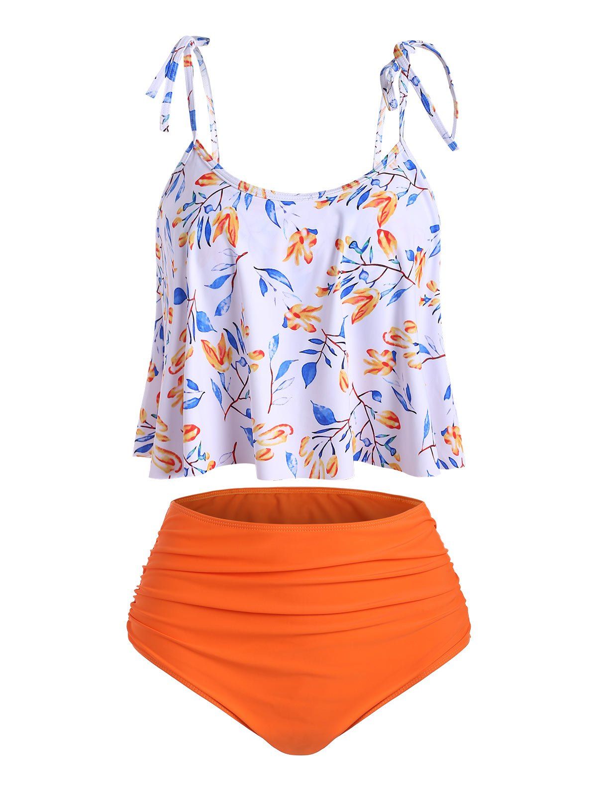 High Waisted Tie Shoulder Ruched Leaves Print Tankini Swimsuit - ORANGE L