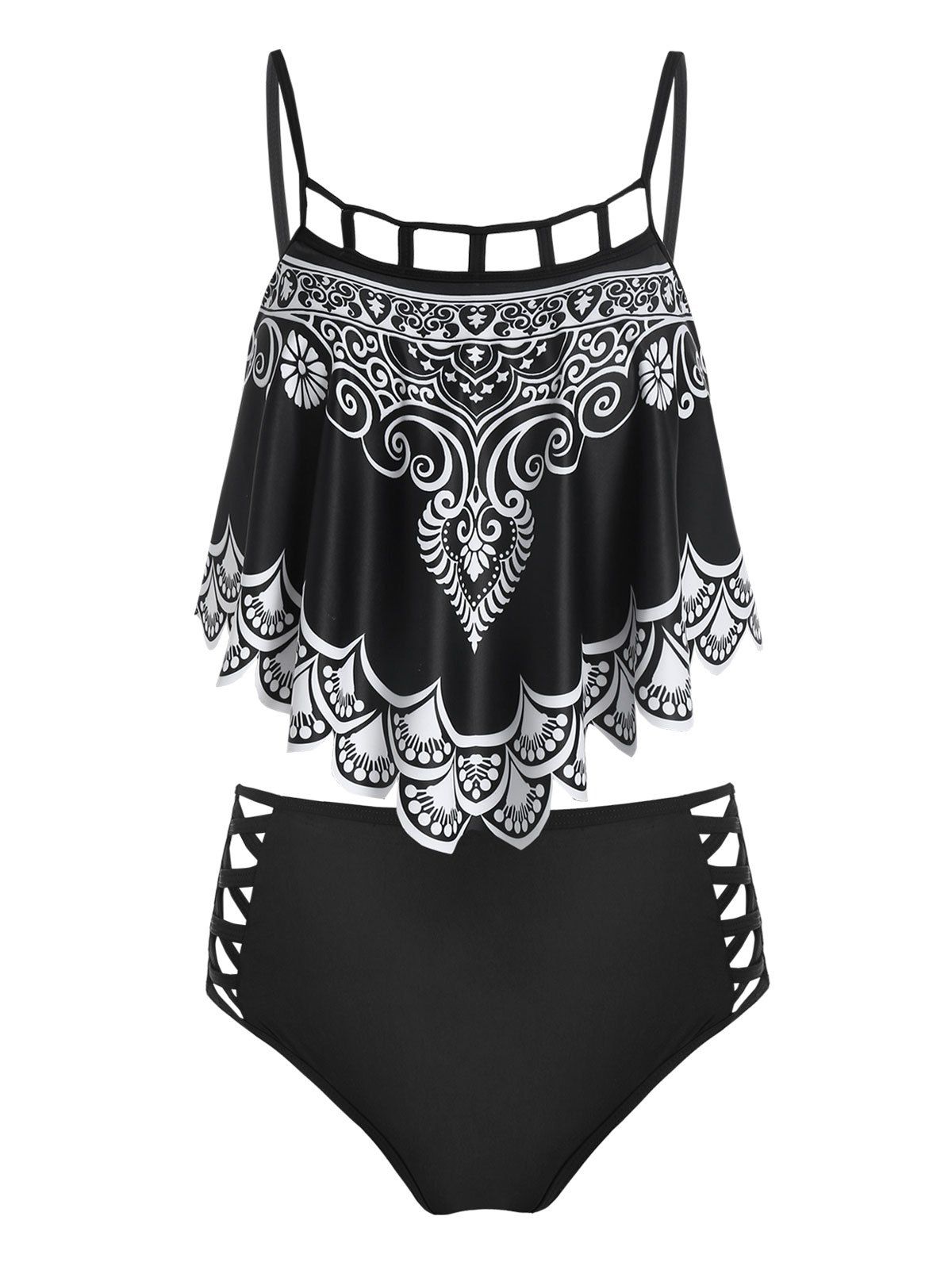 Ethnic Style Swimsuit Bohemian Bathing Suit Tribal Print Crisscross Tummy Control Tankini Swimwear - BLACK 3XL